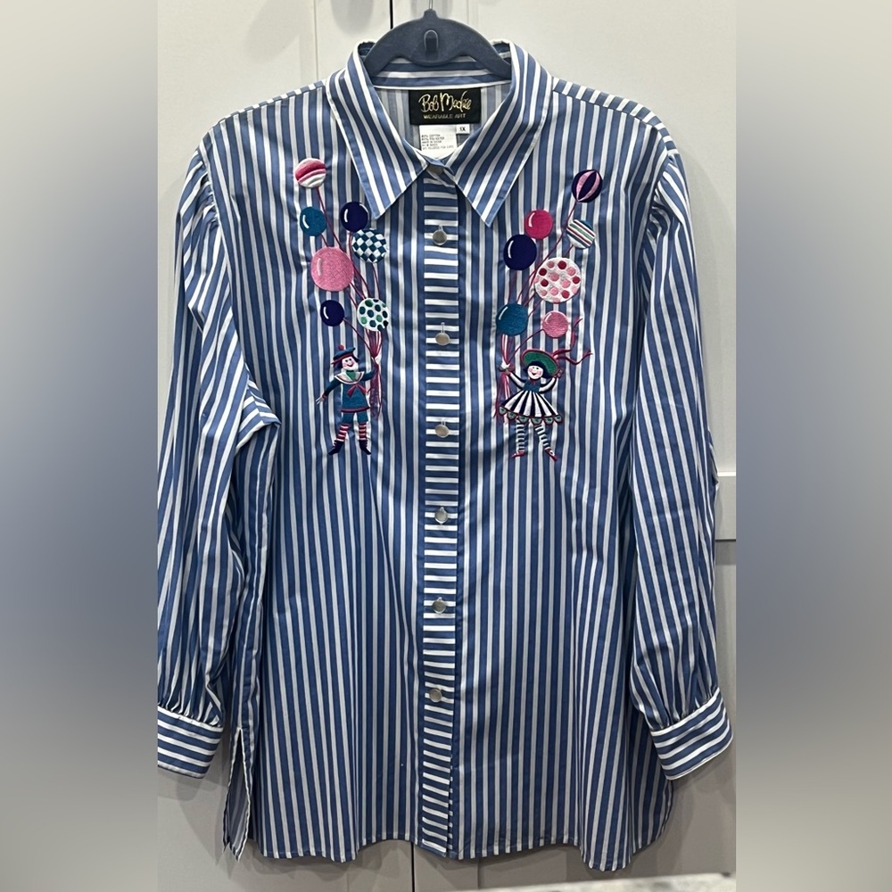 Bob Mackie Wearable Art Blue Collared, Striped Shirt with Clown Embroidery